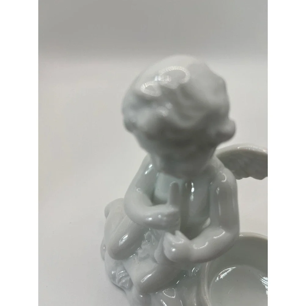 2 White Glazed Porcelain‎ Cherub Putti Cupid Taper Candle Holder Victorian
